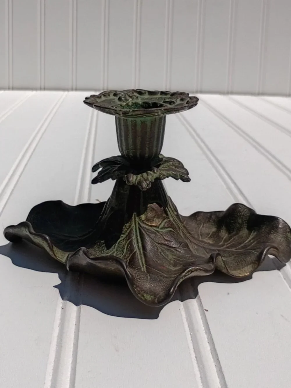 Vintage Cast Brass Taper Candle Holder Floral Leaf Verdigris Green Bronze Dish